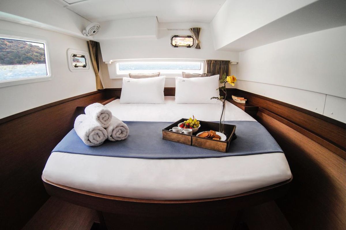 Cabin on Blue Steel, a Lagoon 42 catamaran at Athens, Greece