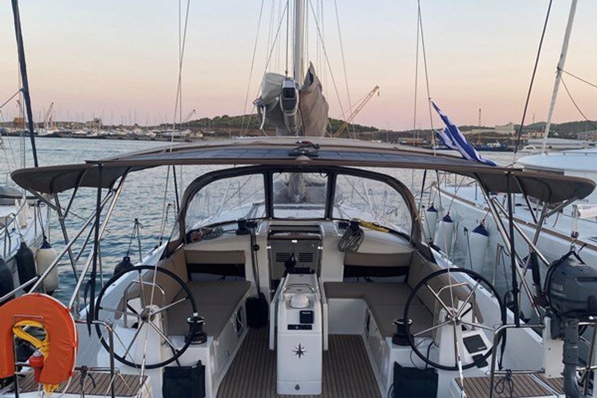 Cockpit of Wanderlust, a Jeanneau Sun Odyssey 490 sailboat at Athens, Greece