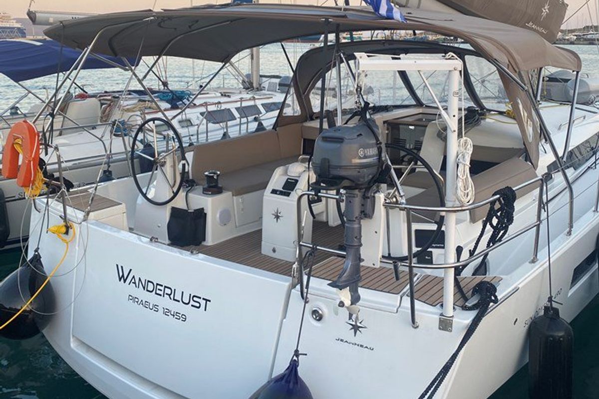 Exterior view of Wanderlust, a Jeanneau Sun Odyssey 490 sailboat at Athens, Greece