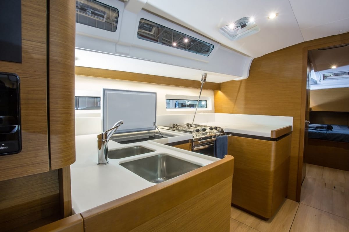 Galley of Wanderlust, a Jeanneau Sun Odyssey 490 sailboat at Athens, Greece