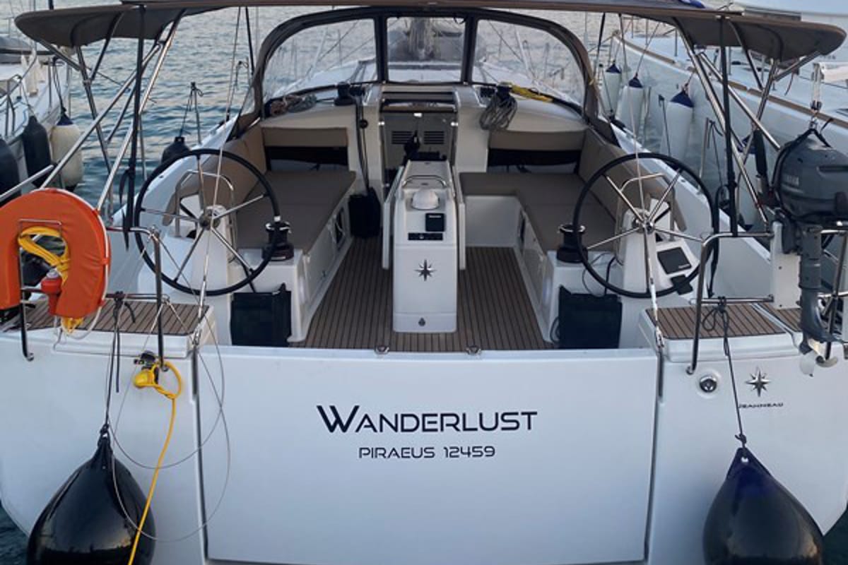 Exterior view of Wanderlust, a Jeanneau Sun Odyssey 490 sailboat at Athens, Greece