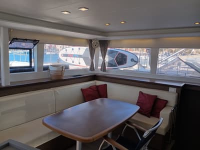 Salon of FO'S, a Lagoon 450 Fly catamaran at Tourlos, Greece