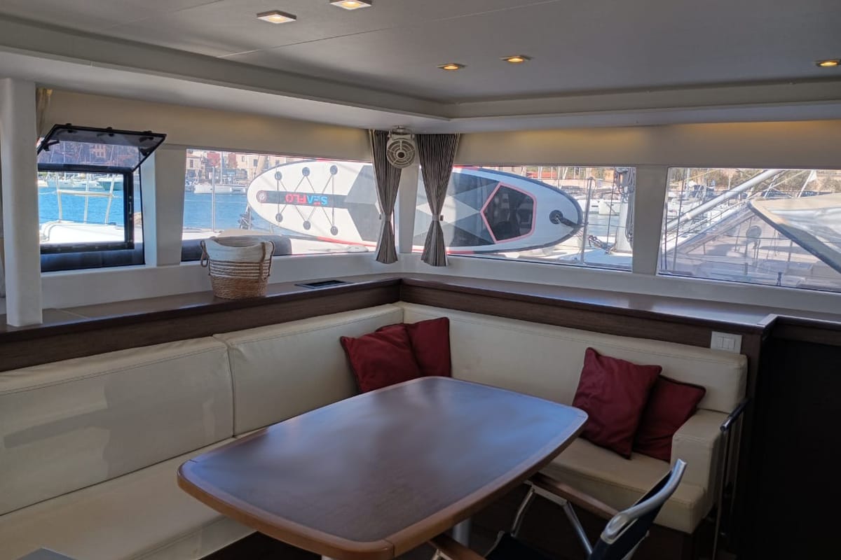Salon of FO'S, a Lagoon 450 Fly catamaran at Tourlos, Greece