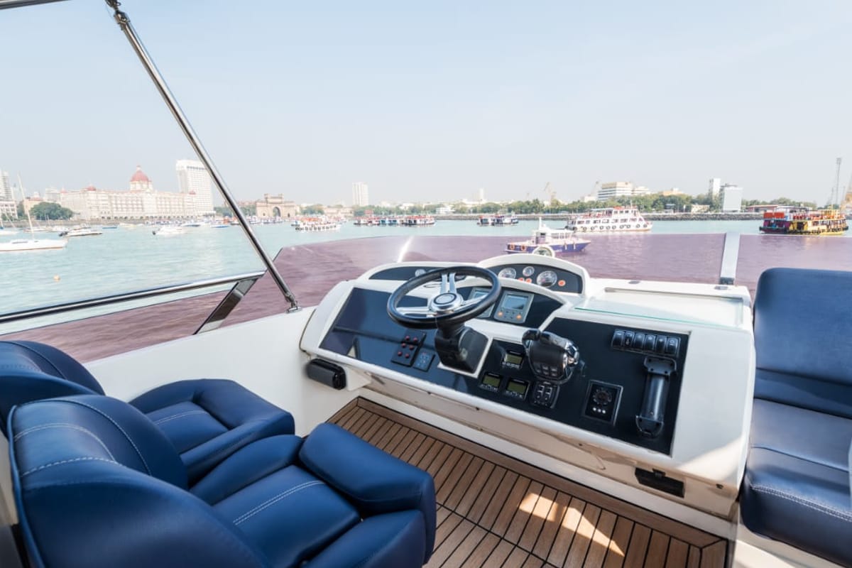 Deck of Nefertiti, a Princess Yachts Princess 54 motorboat at Panaji, India