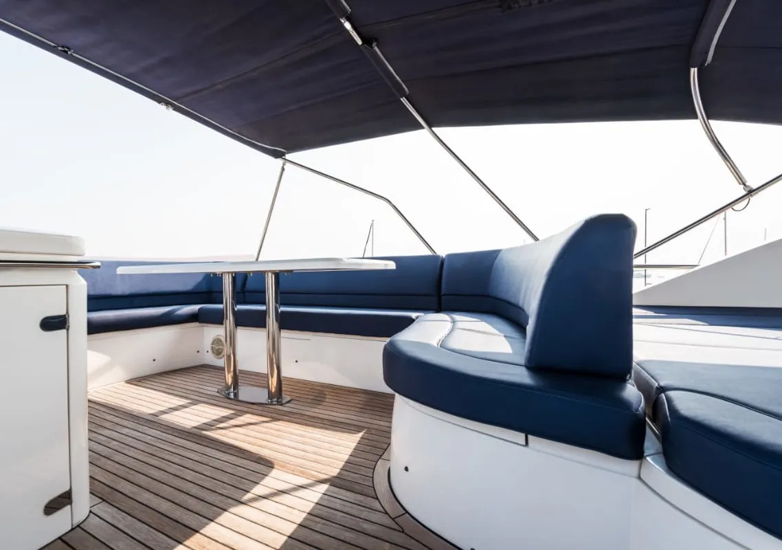 Deck of Nefertiti, a Princess Yachts Princess 54 motorboat at Panaji, India