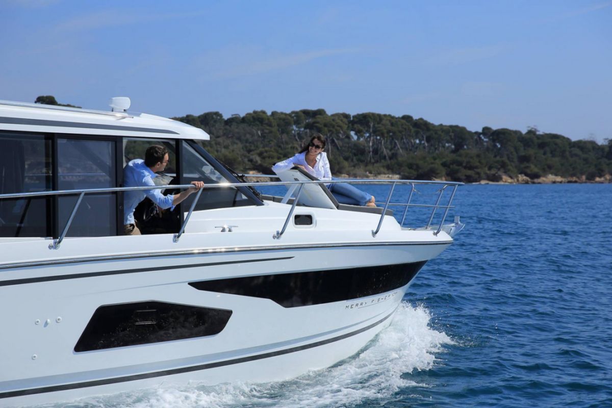 Exterior view of Dusar, a Jeanneau Merry Fisher 1095 motorboat at Cannigione, Italy