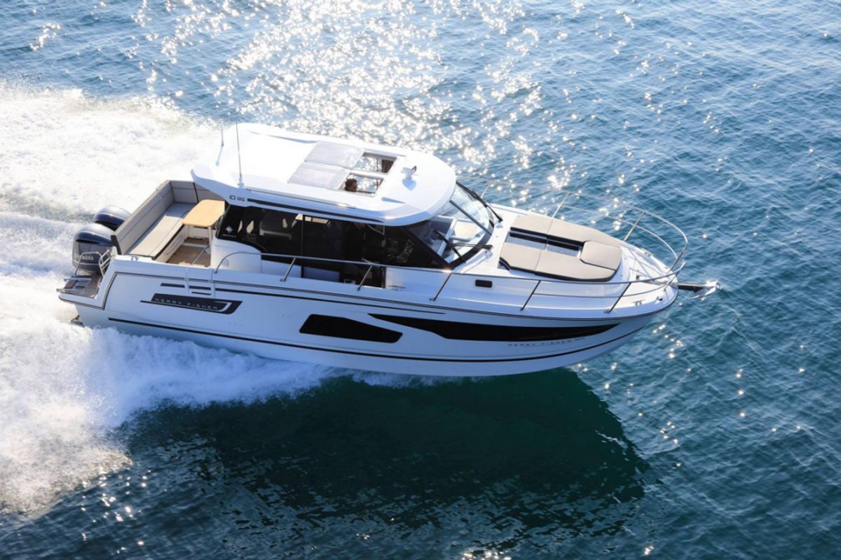 Exterior view of Dusar, a Jeanneau Merry Fisher 1095 motorboat at Cannigione, Italy
