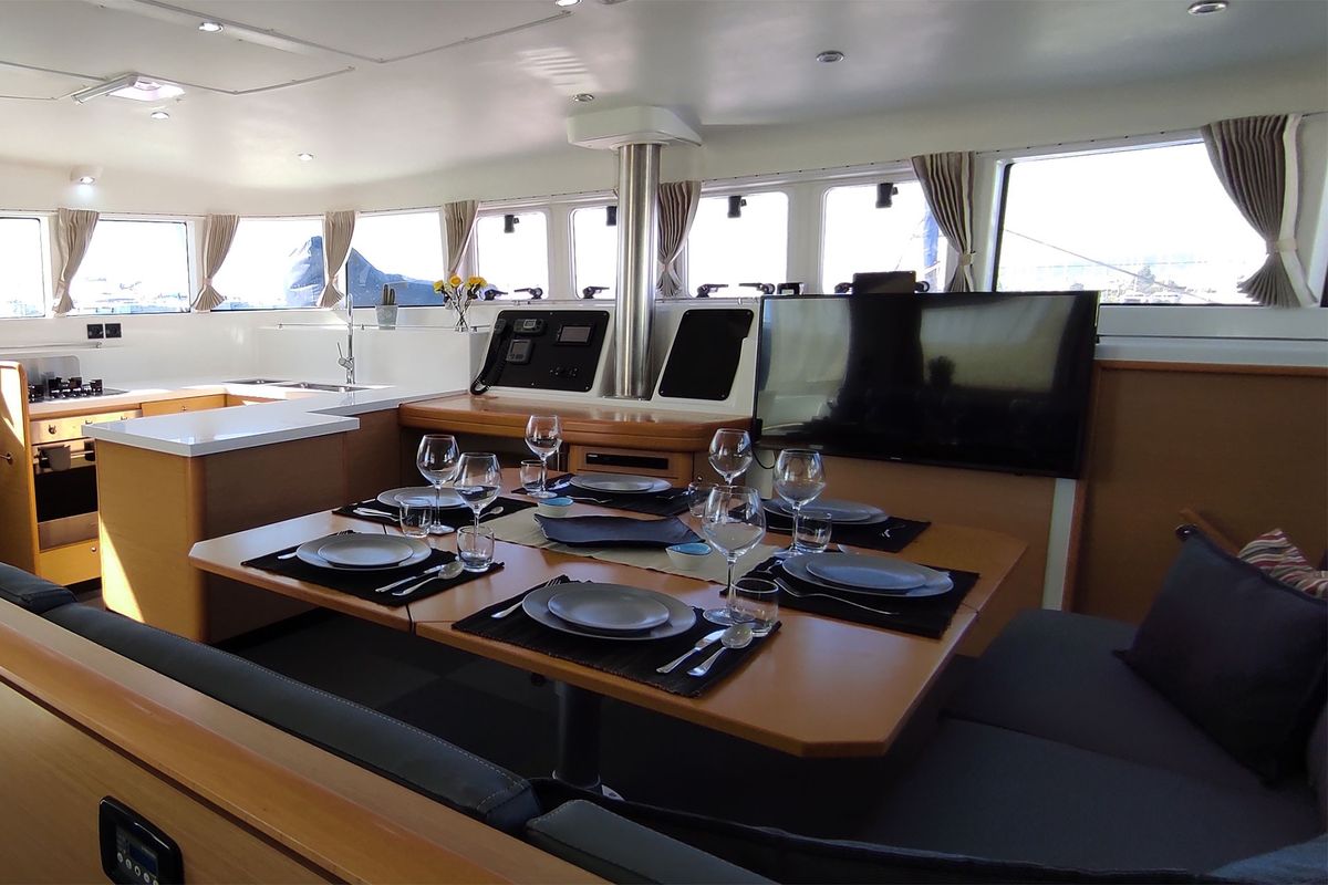 Salon of The Big Deal, a Lagoon 500 catamaran at Athens, Greece
