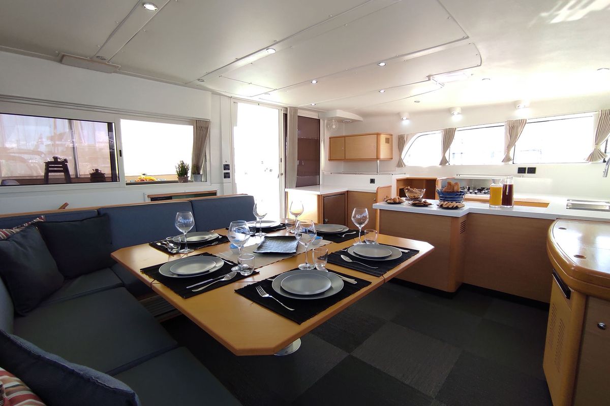 Salon of The Big Deal, a Lagoon 500 catamaran at Athens, Greece