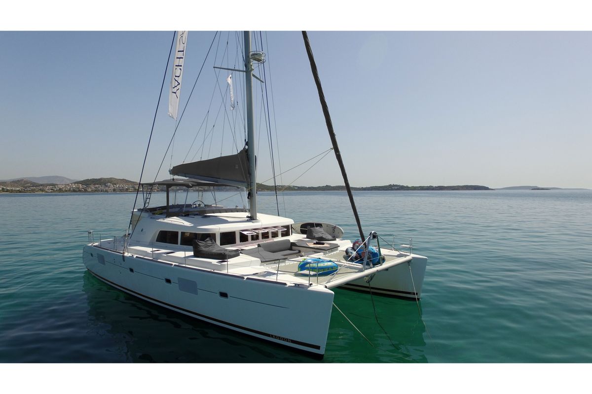 Exterior view of The Big Deal, a Lagoon 500 catamaran at Athens, Greece