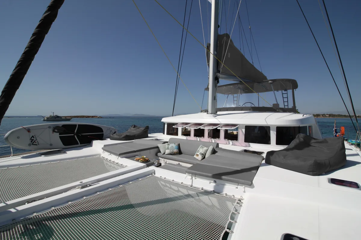 Deck of The Big Deal, a Lagoon 500 catamaran at Athens, Greece