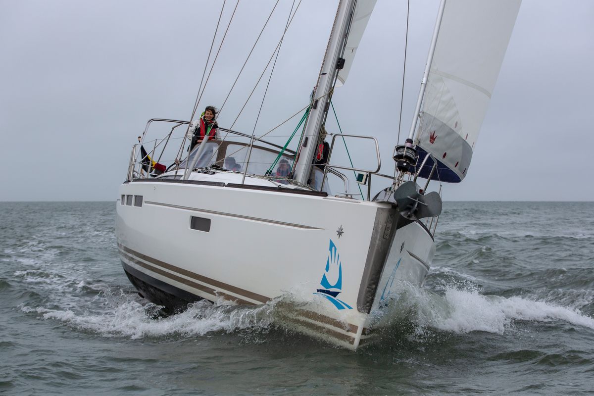 Exterior view of Five O, a Jeanneau Sun Odyssey 509 sailboat at Nieuwpoort, Belgium