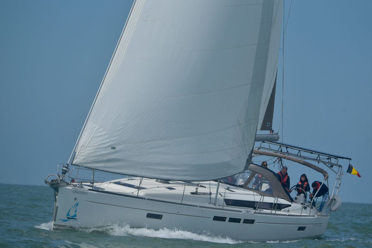 Exterior view of Five O, a Jeanneau Sun Odyssey 509 sailboat at Nieuwpoort, Belgium