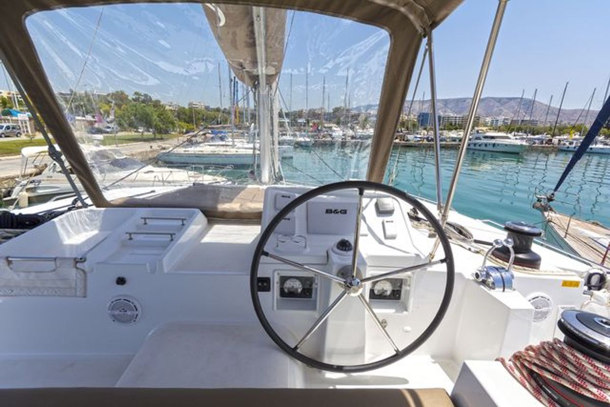 Cockpit of Anna Tessa, a Lagoon 450 F catamaran at Municipal Unit of Ellomenos, Greece
