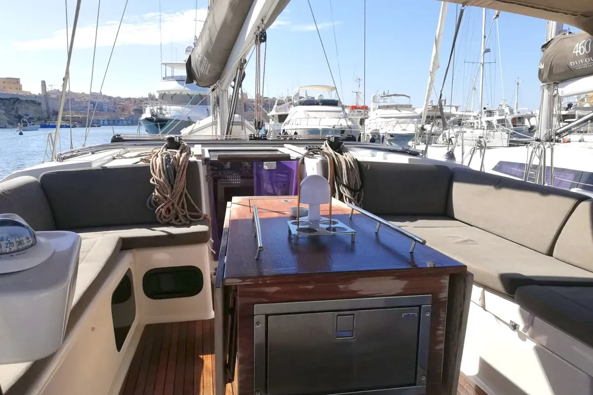 Deck of WARRIORS TALE, a Dufour 520 Grand Large sailboat at Kalkara, Malta
