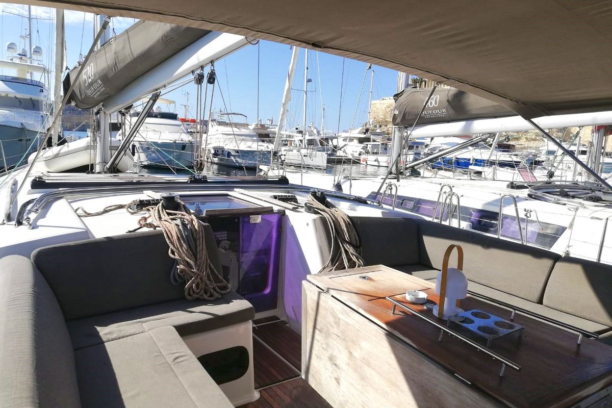 Deck of WARRIORS TALE, a Dufour 520 Grand Large sailboat at Kalkara, Malta