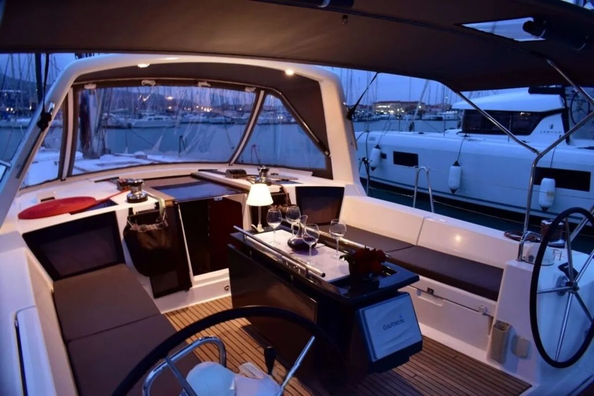 Cockpit of Melinda, a Beneteau Oceanis 45 sailboat at Municipal Unit of Lefkada, Greece