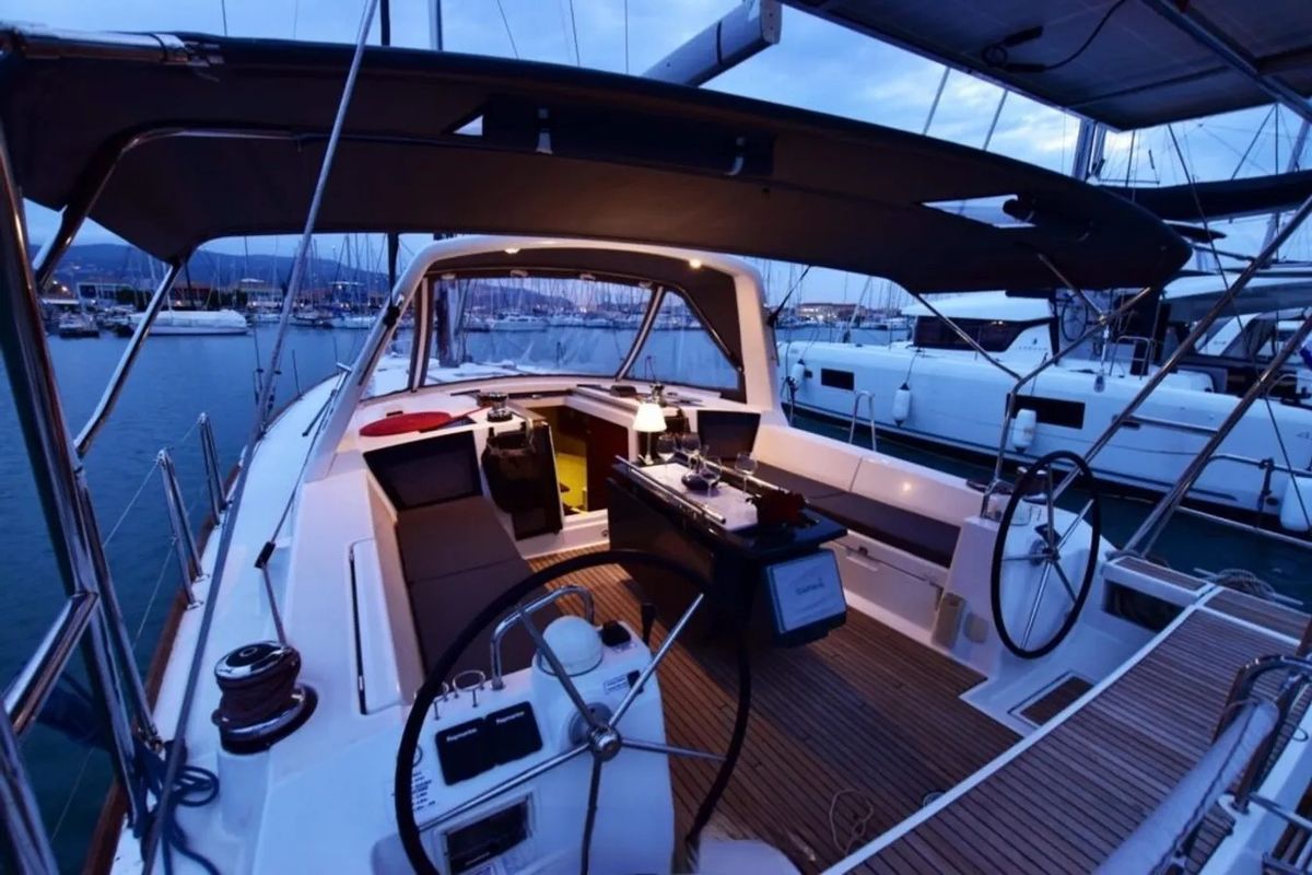 Cockpit of Melinda, a Beneteau Oceanis 45 sailboat at Municipal Unit of Lefkada, Greece