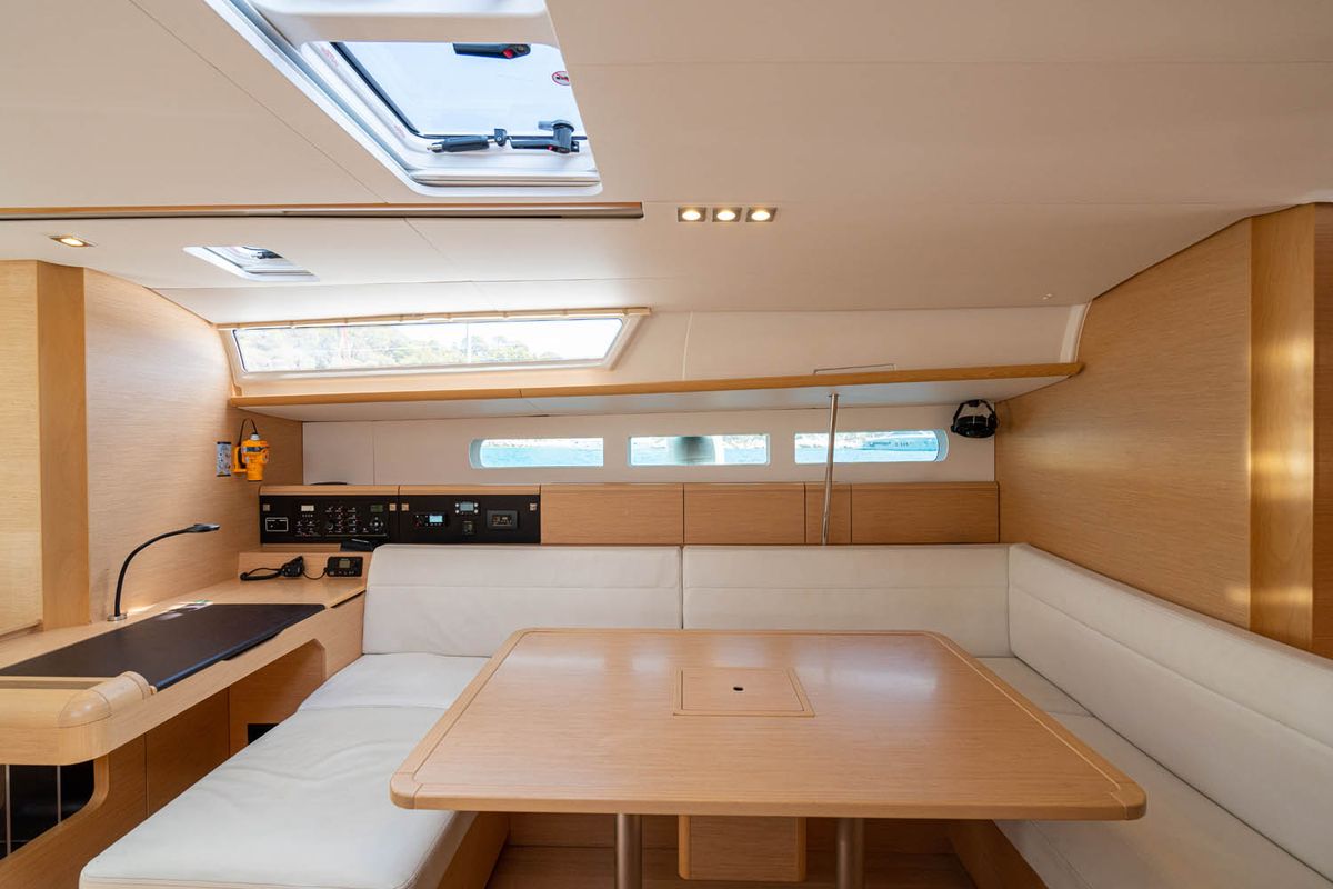 Salon of Aethra, a Jeanneau Sun Odyssey 519 sailboat at Athens, Greece