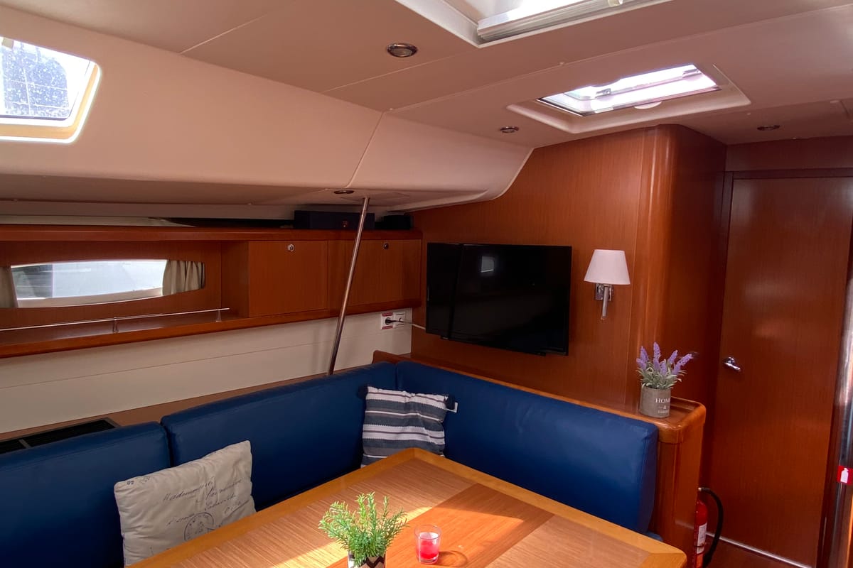 Salon of Valasia, a Beneteau Oceanis 54 sailboat at Municipal Unit of Elefsina, Greece