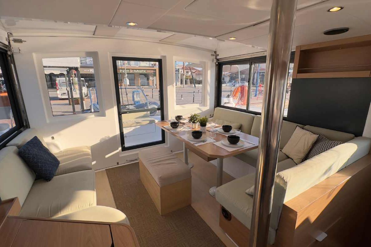 Salon of Northcat 38, a Bali Catsmart catamaran at Preveza, Greece