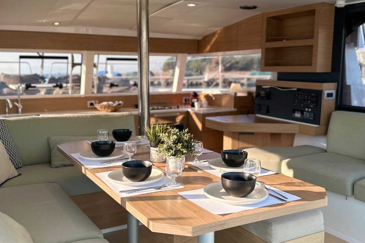 Salon of Northcat 38, a Bali Catsmart catamaran at Preveza, Greece