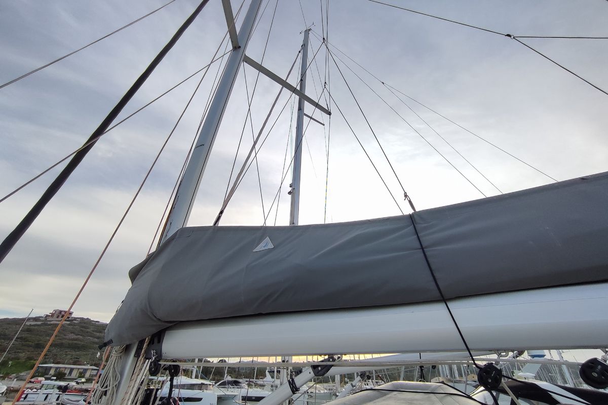 Deck of Astrea, a Hanse Yachts Hanse 458 sailboat at Lavreotiki Municipal Unit, Greece