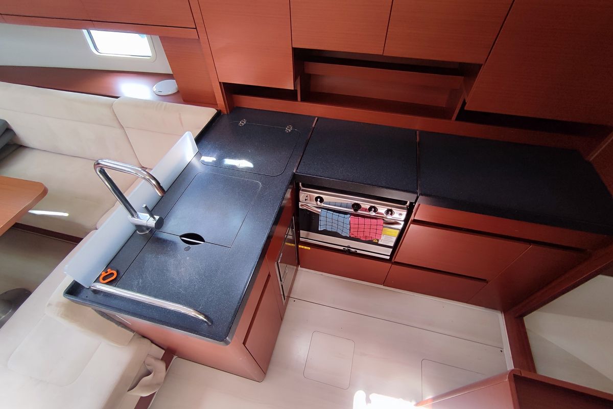 Galley of Astrea, a Hanse Yachts Hanse 458 sailboat at Lavreotiki Municipal Unit, Greece