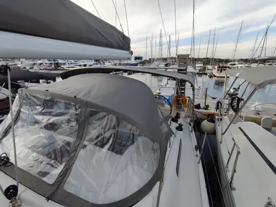 Deck of Astrea, a Hanse Yachts Hanse 458 sailboat at Lavreotiki Municipal Unit, Greece