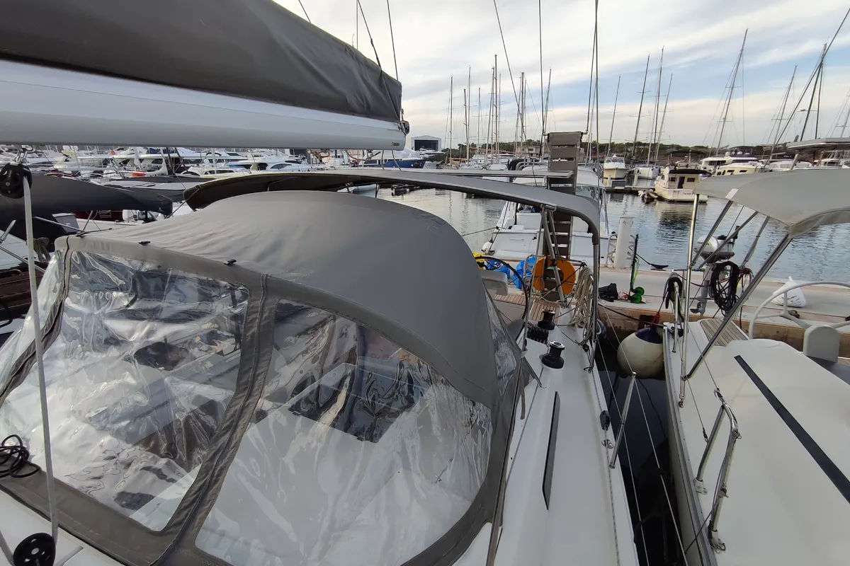 Deck of Astrea, a Hanse Yachts Hanse 458 sailboat at Lavreotiki Municipal Unit, Greece