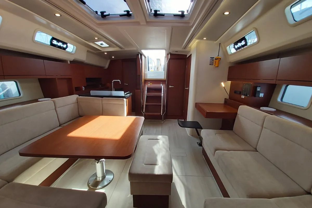 Salon of Astrea, a Hanse Yachts Hanse 458 sailboat at Lavreotiki Municipal Unit, Greece
