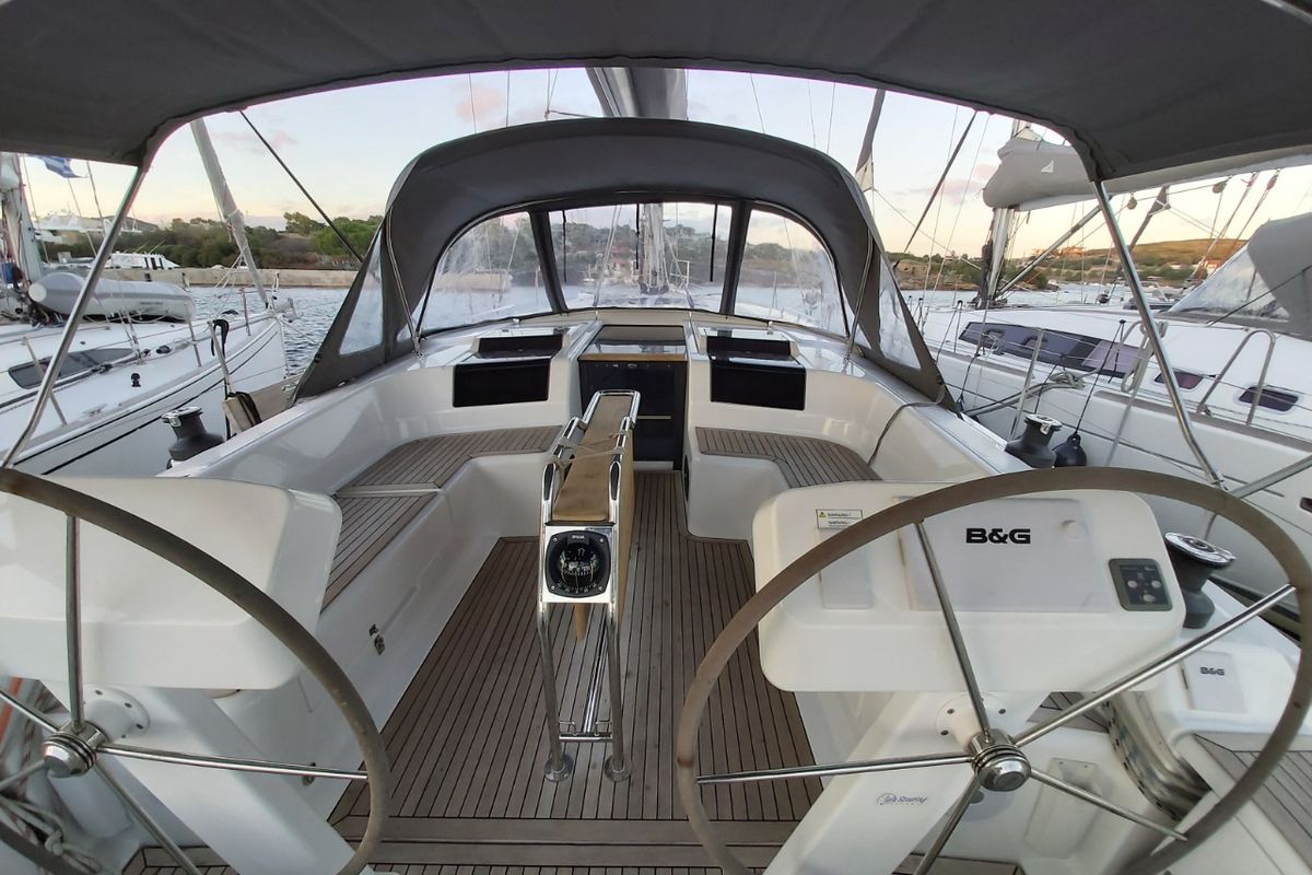 Cockpit of Astrea, a Hanse Yachts Hanse 458 sailboat at Lavreotiki Municipal Unit, Greece