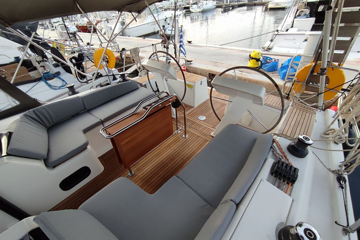 Cockpit of Astrea, a Hanse Yachts Hanse 458 sailboat at Lavreotiki Municipal Unit, Greece