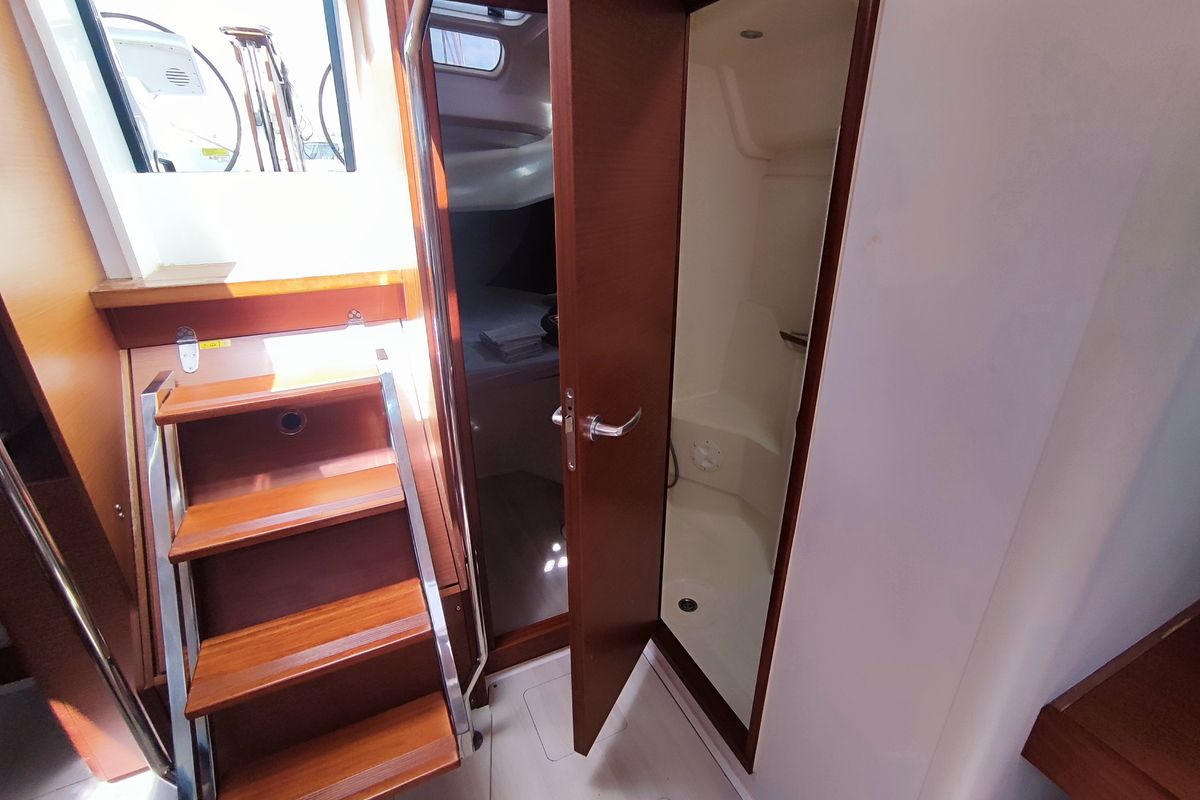 Head on Astrea, a Hanse Yachts Hanse 458 sailboat at Lavreotiki Municipal Unit, Greece