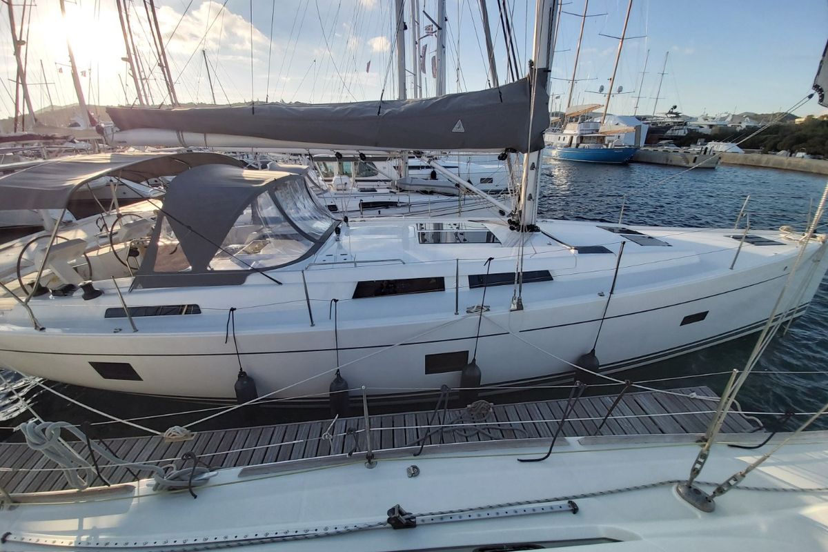Exterior view of Astrea, a Hanse Yachts Hanse 458 sailboat at Lavreotiki Municipal Unit, Greece