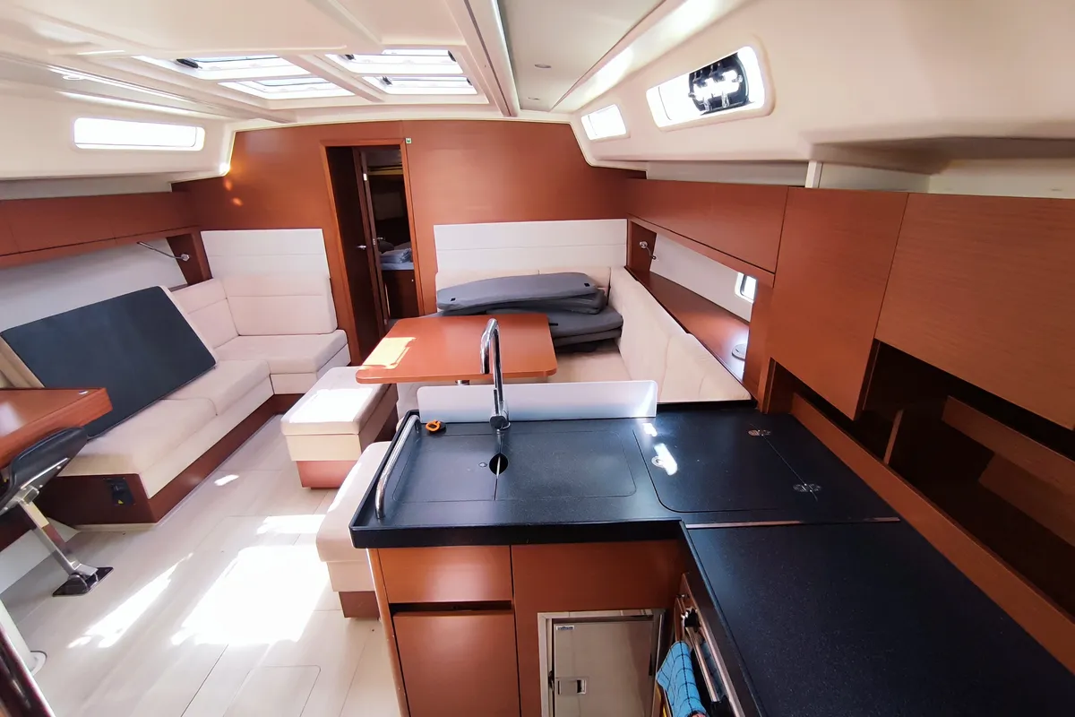 Galley of Astrea, a Hanse Yachts Hanse 458 sailboat at Lavreotiki Municipal Unit, Greece