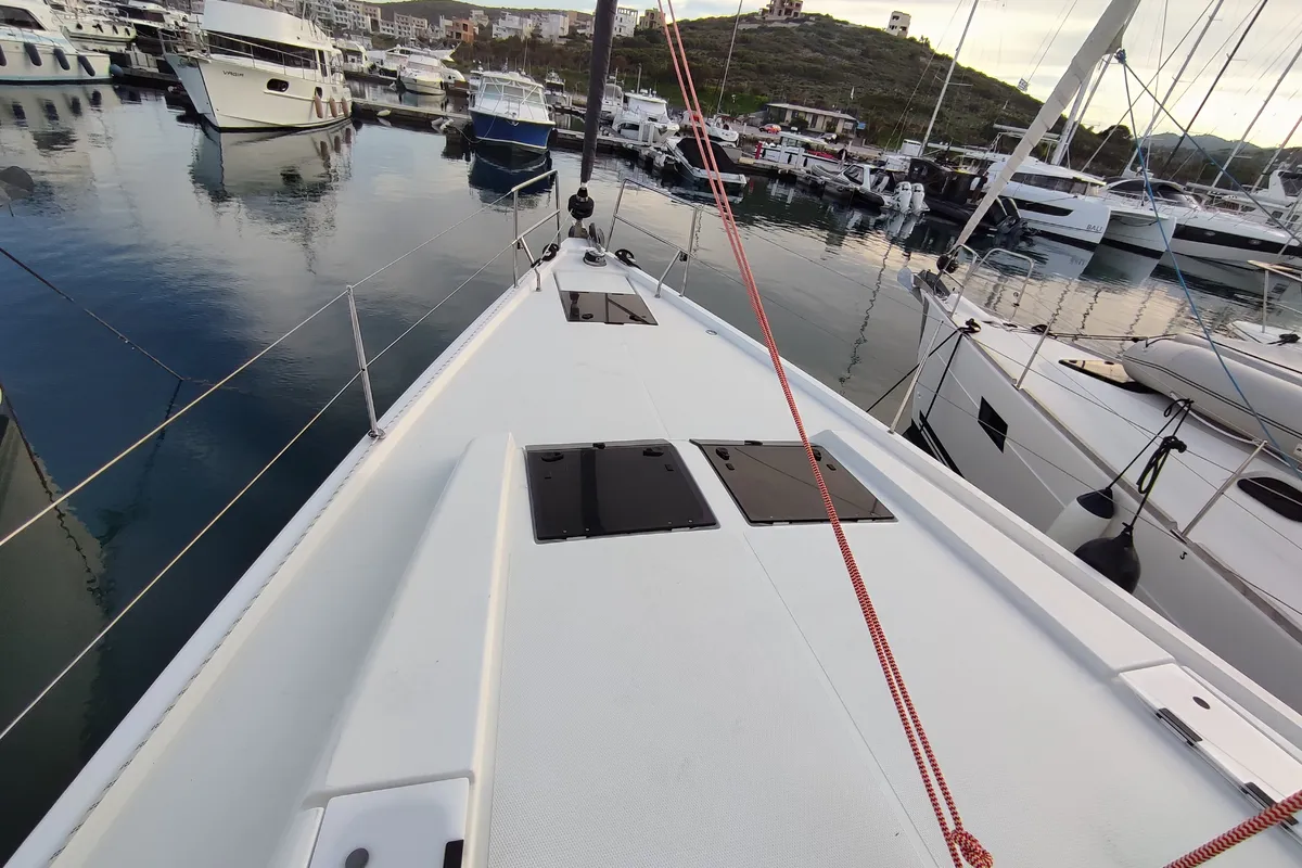 Deck of Astrea, a Hanse Yachts Hanse 458 sailboat at Lavreotiki Municipal Unit, Greece