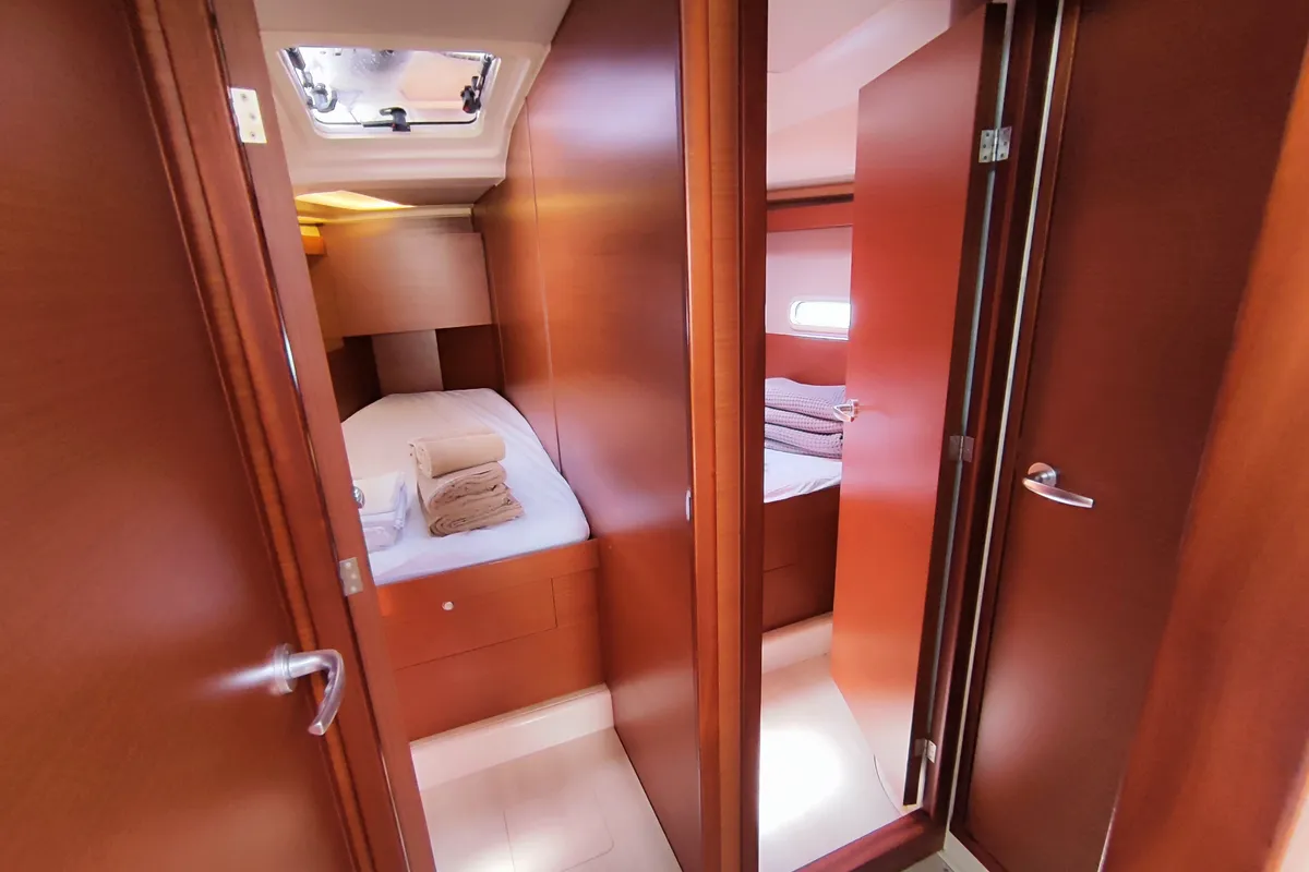 Cabin on Astrea, a Hanse Yachts Hanse 458 sailboat at Lavreotiki Municipal Unit, Greece
