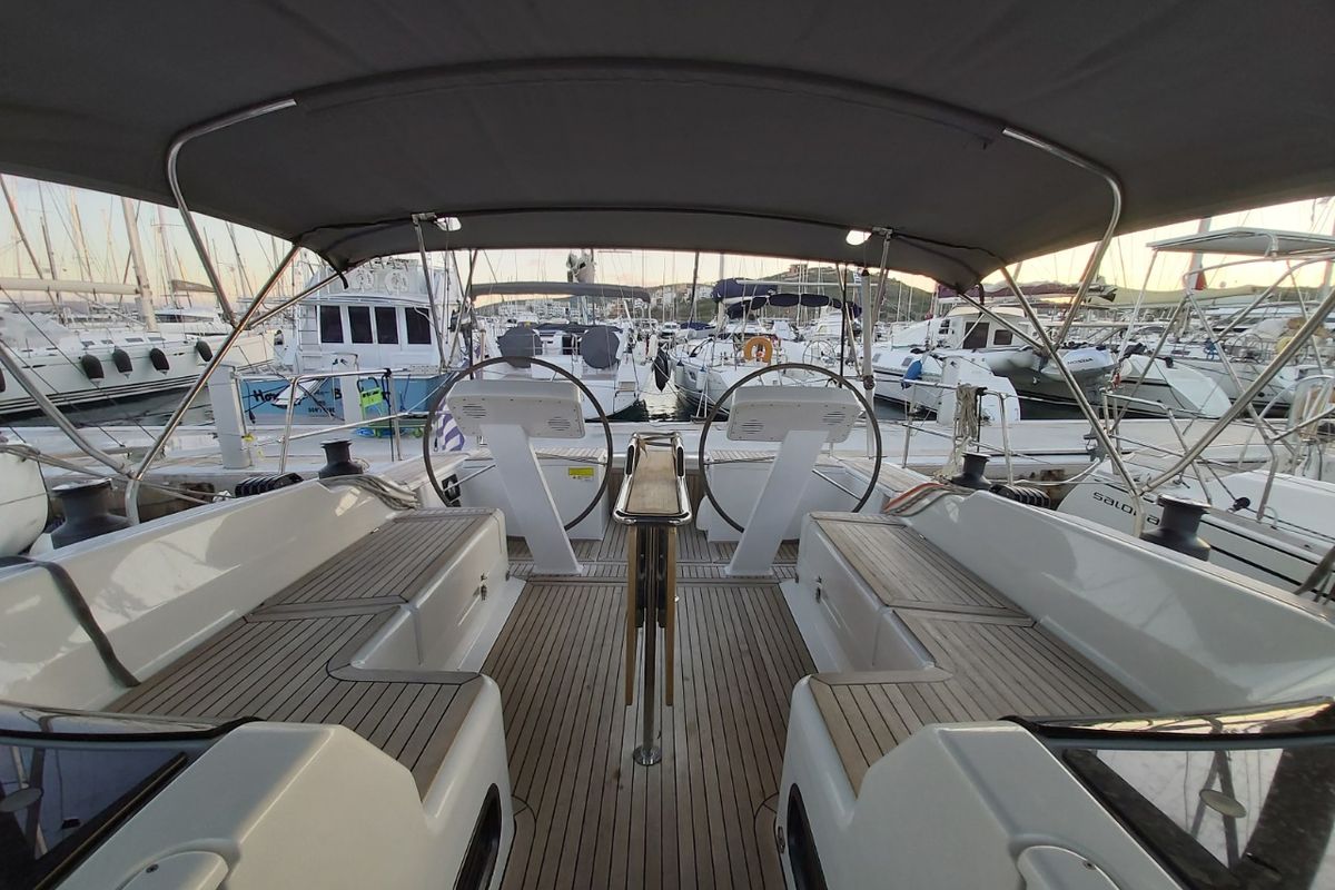 Cockpit of Astrea, a Hanse Yachts Hanse 458 sailboat at Lavreotiki Municipal Unit, Greece