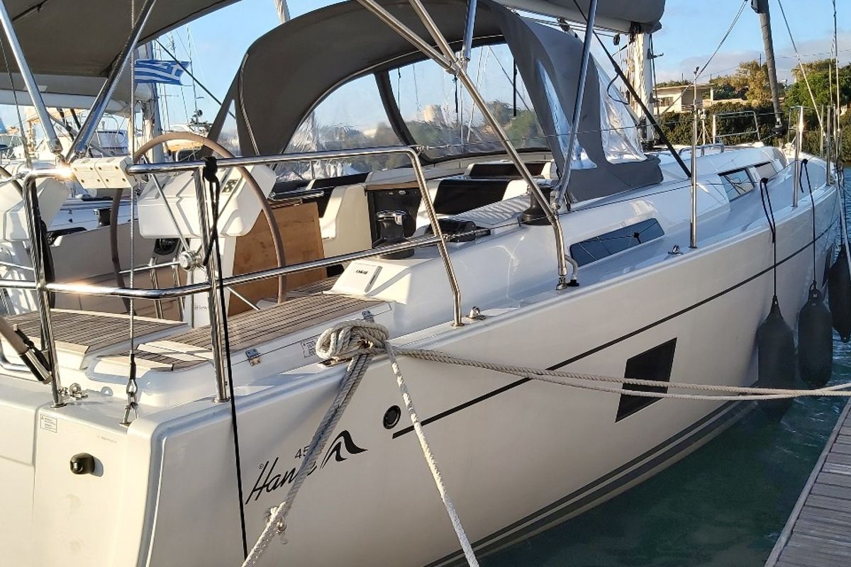Exterior view of Astrea, a Hanse Yachts Hanse 458 sailboat at Lavreotiki Municipal Unit, Greece