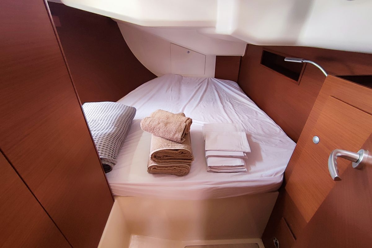 Cabin on Astrea, a Hanse Yachts Hanse 458 sailboat at Lavreotiki Municipal Unit, Greece
