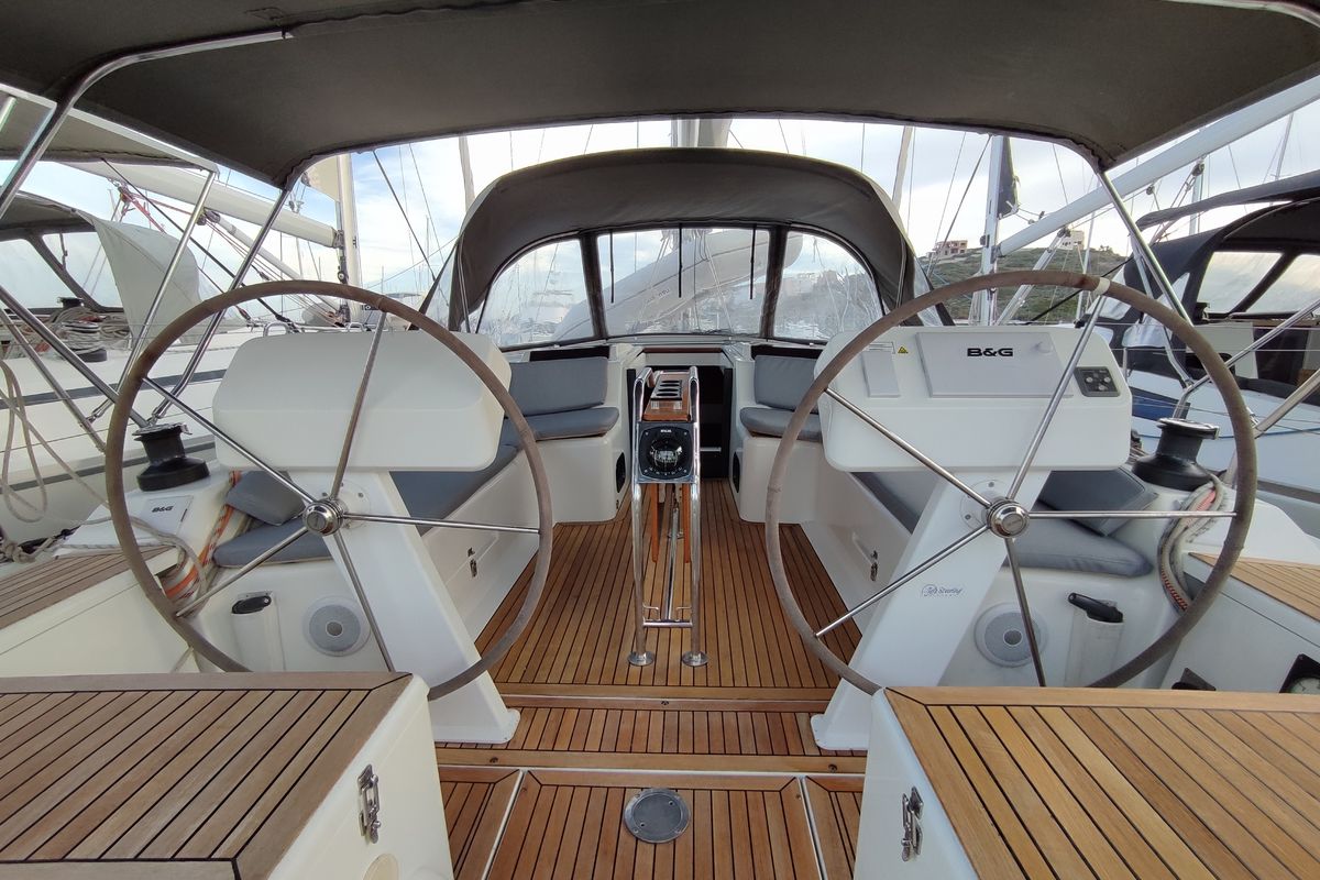 Cockpit of Astrea, a Hanse Yachts Hanse 458 sailboat at Lavreotiki Municipal Unit, Greece
