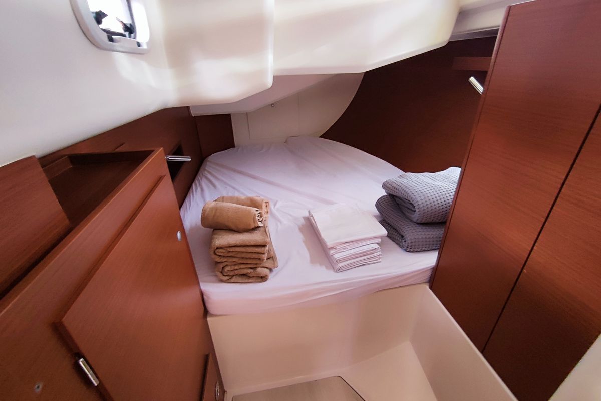 Cabin on Astrea, a Hanse Yachts Hanse 458 sailboat at Lavreotiki Municipal Unit, Greece
