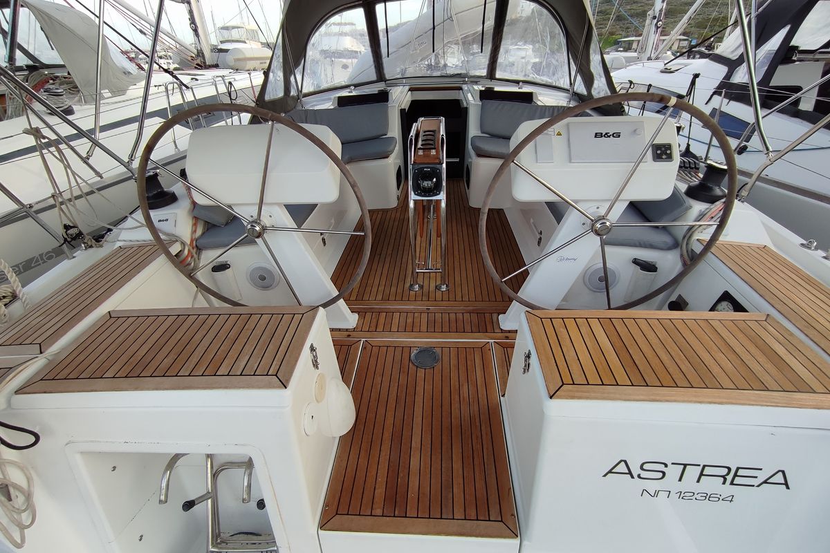 Cockpit of Astrea, a Hanse Yachts Hanse 458 sailboat at Lavreotiki Municipal Unit, Greece