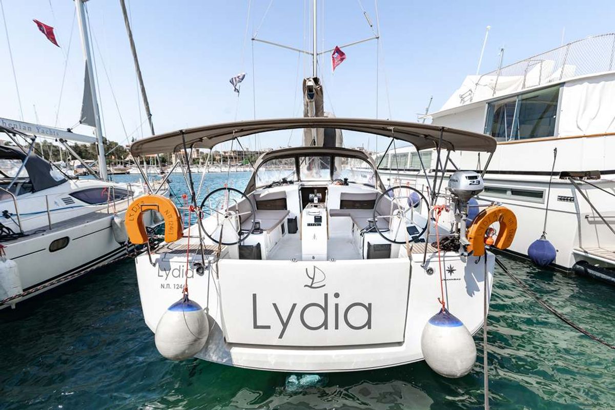 Exterior view of Lydia, a Jeanneau Sun Odyssey 490 sailboat at Lavreotiki Municipal Unit, Greece