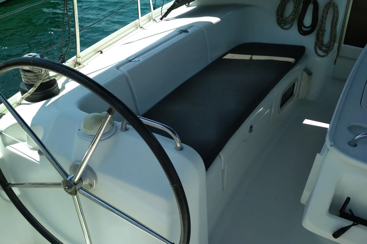 Cockpit of Barbera, a Beneteau Cyclades 43.4 sailboat at Volos Municipality, Greece