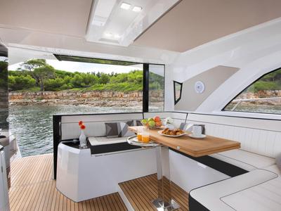 Deck of Giorgia, a Jeanneau Leader 46 motorboat at Bacoli, Italy