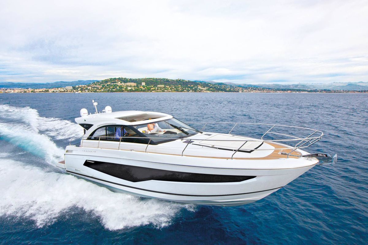Exterior view of Giorgia, a Jeanneau Leader 46 motorboat at Bacoli, Italy