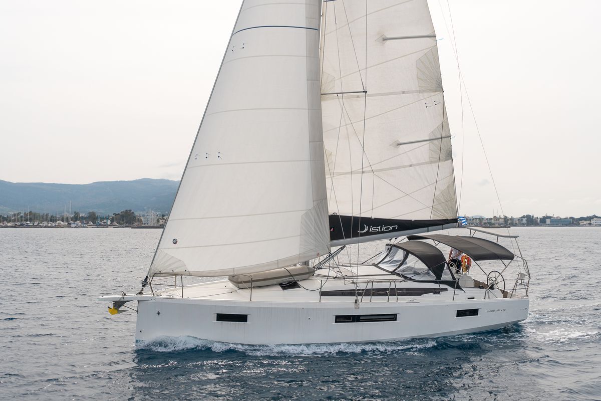Exterior view of Geva X, a Jeanneau Sun Odyssey 410 sailboat at Kos, Greece