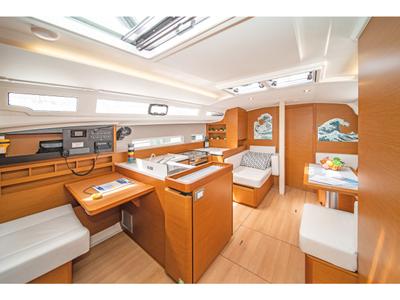Salon of Geva X, a Jeanneau Sun Odyssey 410 sailboat at Kos, Greece
